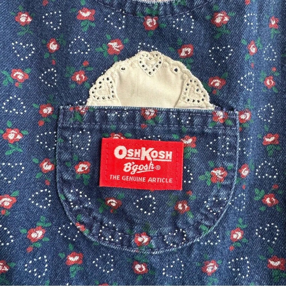 Vintage Osh Kosh B’Gosh‎ Denim Jumper Dress Red White Floral Heart Print Size 6